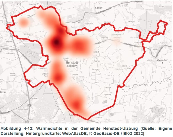 Wärmedichte in der Gemeinde Henstedt-Ulzburg (Hintergrundkarte: WebAtlasDE, © GeoBasis-DE / BKG 2022)